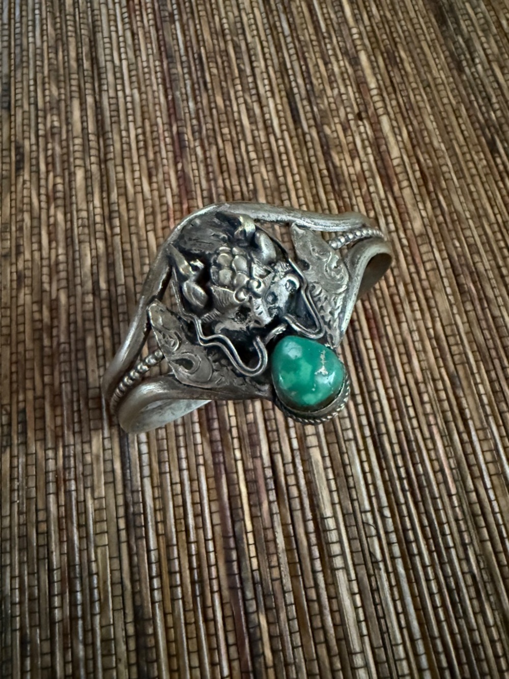Tibetan Dragon Turquoise Cuff Bracelet Silver Metal Antique Vintage Artisan - Picture 10 of 12